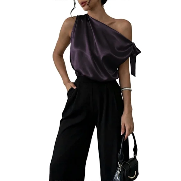 Dame Off Shoulder Topper Uformell Kortermet Asymmetrisk Hals Sateng Bluse Skjorter Dyp Lilla XL