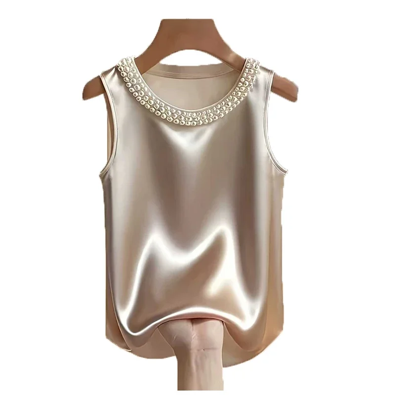 AliExpress - Elegante Satin-Bluse für Damen Sommer Perlen-Design Seiden-Bluse Damen T-Shirts Mode Lockeres Oberteil Damen Tanktops Modisches Damen-T-