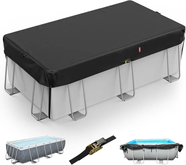 (Sort) 7x10 FT Rektangulært Pool Cover til Overjordisk Pool, Solcelle Oval Pool Cover Beskyttelse med Strammer, Ideel til Rektangulær/Oval Ramme Pool 
