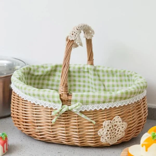 Storage Basket Food Basket Rattan Woven Egg Basket Portable Gift Picnic Fruit Small Woven Bamboo Basket Small Green Plaid