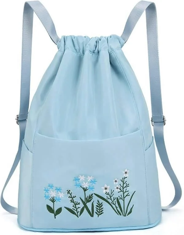 Foldable Drawstring Bags for Weekend for Women, Embroidered Aesthetic Backpack, Gym Bag with Dry and Wet Compartment
