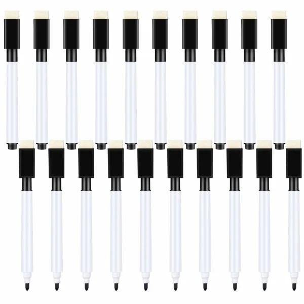 20 ST Små whiteboard-penner - Svart tørrmarkørpenner med viskelær - Whiteboard-penn med fin spiss for barn (svart)