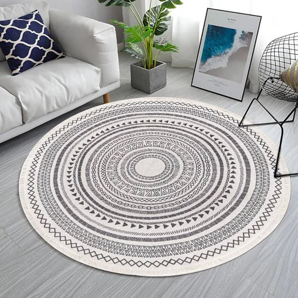 Grey Round Woven Cotton Rug with Fringes 120 cm Washable Absorbent Mat Moroccan Style Print