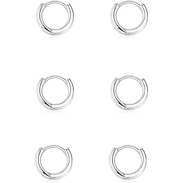 3 par kvinders 925 sølv hoop øreringe, lille hoop øreringe sæt kvinder sølv øreringe piger allergivenlige 8mm 10mm 12mm