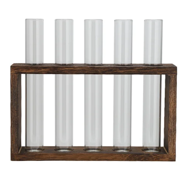 Table Glass Tube Vase High Borosilicate Glass Pine Wood Frame Retro Tube Plant Vase for Hydroponic Plants Home Decoration 5 Bottles