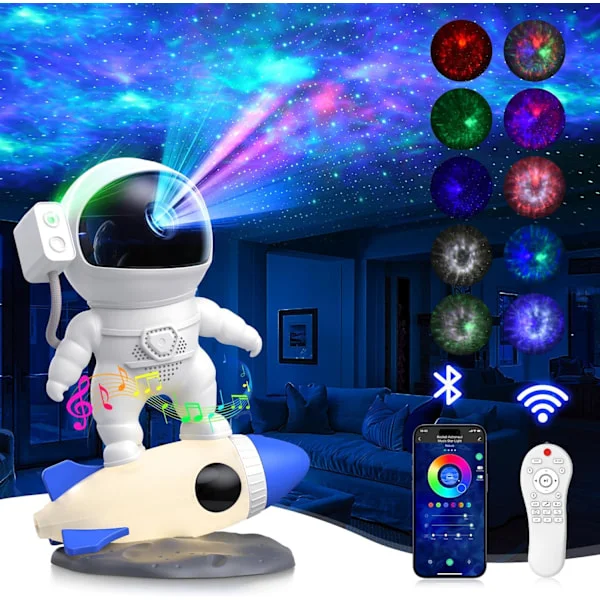 Astronaut Galaxy Projektor, Stjerne Nebula Projektor med Raketlampe, Natlys LED Stjerne Projektor til Soveværelse, Fjernbetjening, Hvid