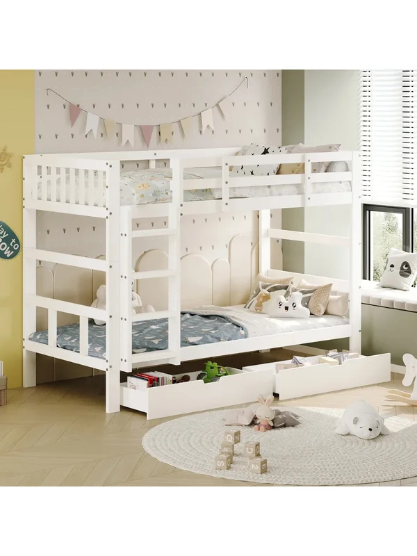 AliExpress - Rosahqnda Kinderbett 90x200 cm, Etagenbettgestell aus Massivholz mit Schubladen, für Jungen und Mädchen mit Aufprallschutz, Weiß