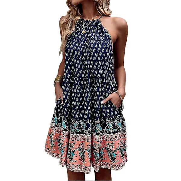 Halterneck Kjole, Ærmeløs Boho Lagdelt Print Flydende Stor Hemsøm Casual Kjole til Sommer