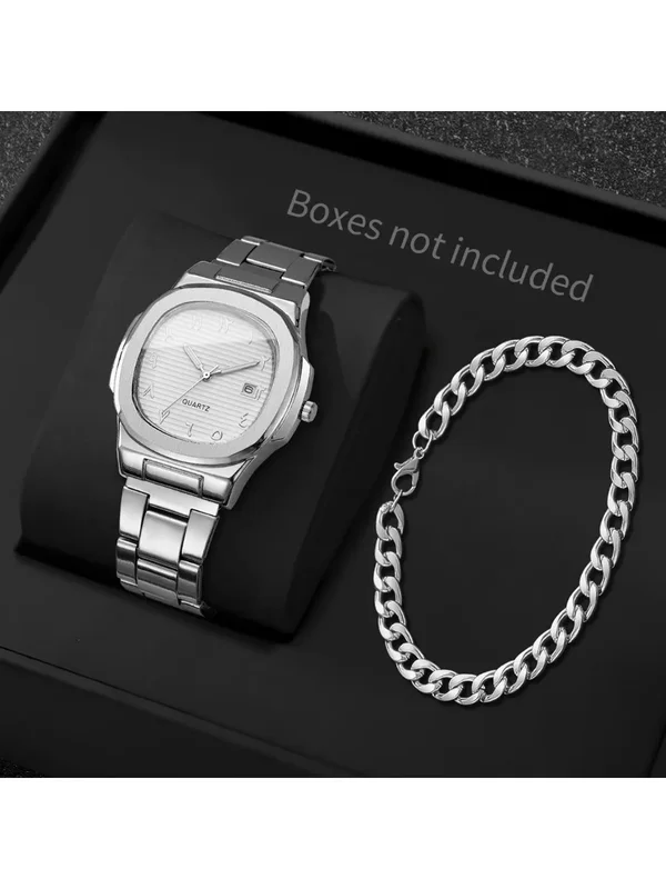 AliExpress - Ensemble de 2 montres à quartz pour hommes avec cadran carré, bracelet argenté, calendrier, montres-bracelets pour hommes d'affaires, 