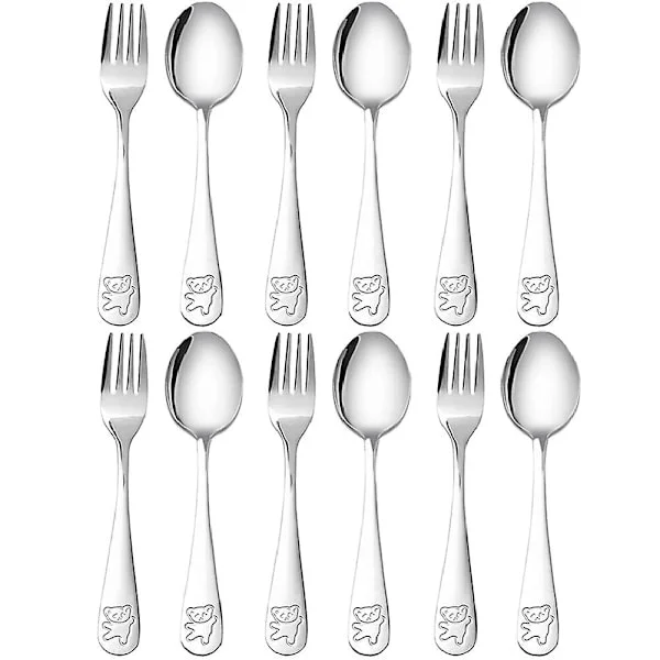 12 Delar Barn Rostfritt Stål Bestick Barnsäkra Bestick Barnsked och Set Småbarn-WELLNGS Silver
