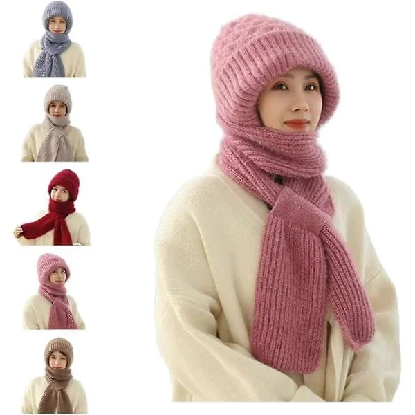 Integrerad Öronskydd Vindtät Mössa Halsduk, Stickad Förtjockning Hatt Vinter, Varm Stickad Mössa Halsduk Vinter, Mössa Halsduk Rosa