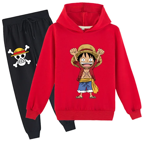 ONE PIECE Monkey D. Luffy Treningsdress Barn Hettegenser Joggebukse Sweatsuit 2-deler/Sett Rød Rød