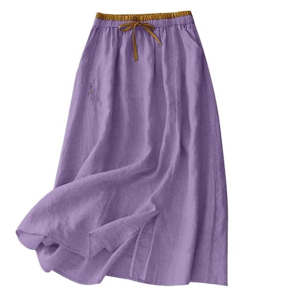Dame Stretch Midjeskjørt i Luftig Bomull Lin Mellomlangt Skjørt Broderte Midi Skjørt for Varmt Vær Lavendel XXL