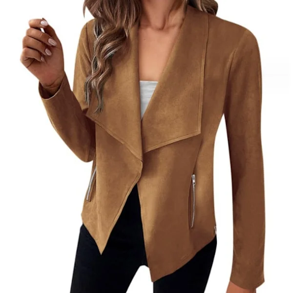 Dame Åpen Front Faux Suede Uformell Blazer Langermet Arbeidsjakke brun