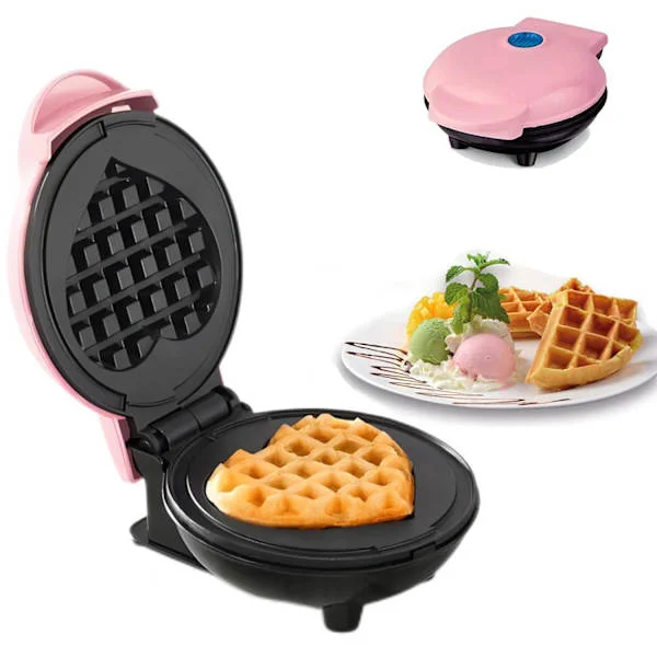 Våffeljärn med non-stick beläggning, våffelfyllning, justerbar bryningskontroll, hjärtform, rosa.