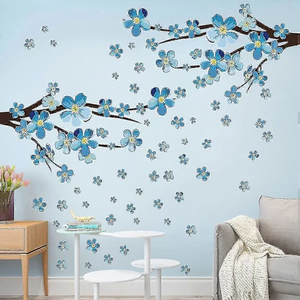 3D Blå Plommeblomst Veggdekorasjoner, Fugler og Blomster Pastoral Stil Veggdekorasjoner, Jenters Soverom Veggdekorasjoner, Tregren Veggdekorasjoner 