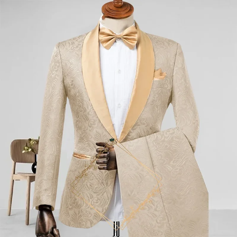 AliExpress - Champagner Herrenanzug 2-teiliges Set Satin Schal Revers Jacquard Jacke Hose elegantes Set für Hochzeit Bräutigam Sommer Party Dating 