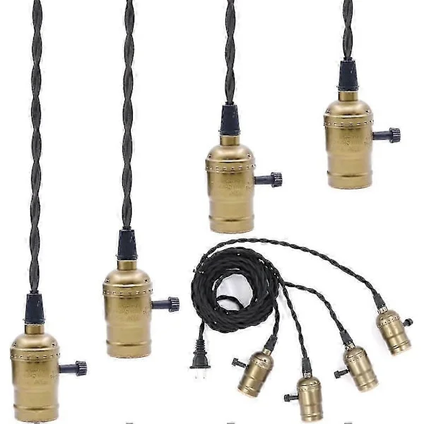 4 stk. Vintage Fatning Bronze Pendellampe Ledning med Afbryder, E27 Skrue Solid Industriel Tredobbelt Lampe til Køkken, Spisestue, Bar, Spisestue (