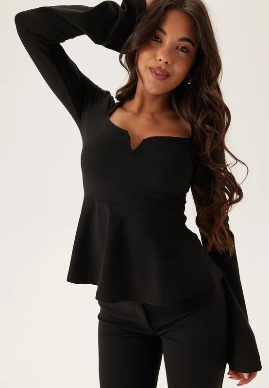 BUBBLEROOM-Long Sleeve Peplum Top-Black