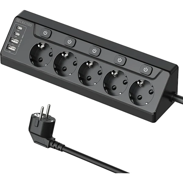Hörnuttag med 2 USB A och 2 typ C-portar, 5 uttag med individuell strömbrytare, 4 USB-grenuttag med 2 m förlängningskabel för skrivbord, hörn, svart
