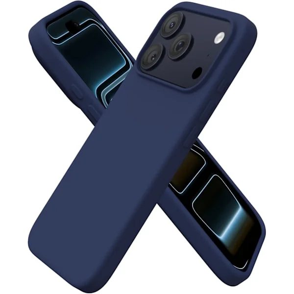 iPhone 17 Pro skal, premium flytande silikonskal, mjukt cellulärt gummi, repfritt mikrofiberfoder, stöttåligt skal, mörkblå