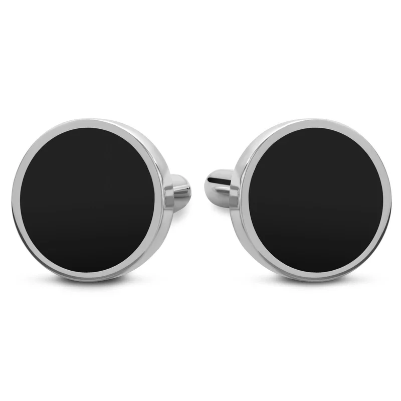 Round Rhodium-Plated 925 Sterling Silver Cufflinks with Onyx Inlay for Men