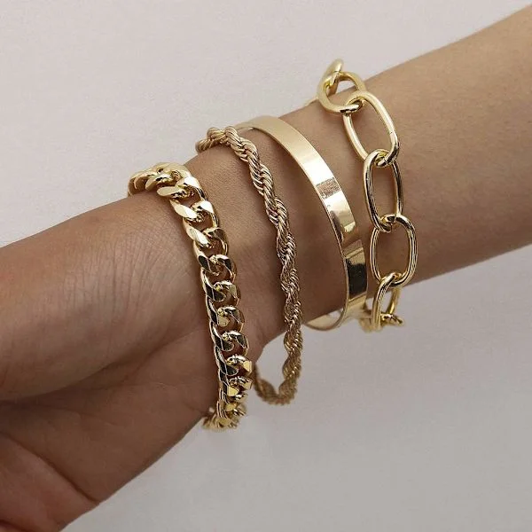 Delikat Boho Gull Sølv Kjede Armbånd Sett Dame Justerbar Mote Perler Tykt Flatt Kjede Punk Armbånd Smykker Damer Jenter Gavesett med 4