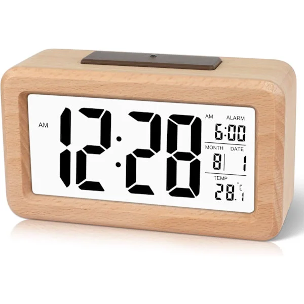Enkel Digital Väckarklocka i Trä med Temperatur, Digital Väckarklocka, Datum, Bakgrundsbelysning, Snooze, för Sovrum, Sängbord, Hem, Kontor, Tyst