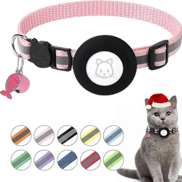 Justerbart Airtag-halsband för katt GPS Reflekterande halsband med Airtag-hållare Säkerhetsspänne och klocka & fiskbenshänge