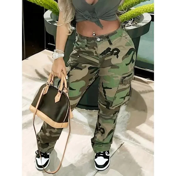 Dame High Waist Camouflage Cargo Jeans - Medium Stretch, High Rise Denim Bukser med Sidelommer