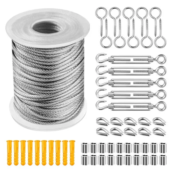 Wire Rope Kit för utomhusprojekt, galvaniserad rostfri stålkabel 304 för trädgårdsstängsel, staglinor, stark och robust mångsidig kabel