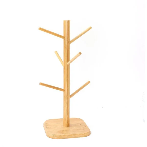 Coffee Mug Holder Bamboo - 6 Hooks - Space Saving - Stable - For Kitchen Counter or Coffee Bar