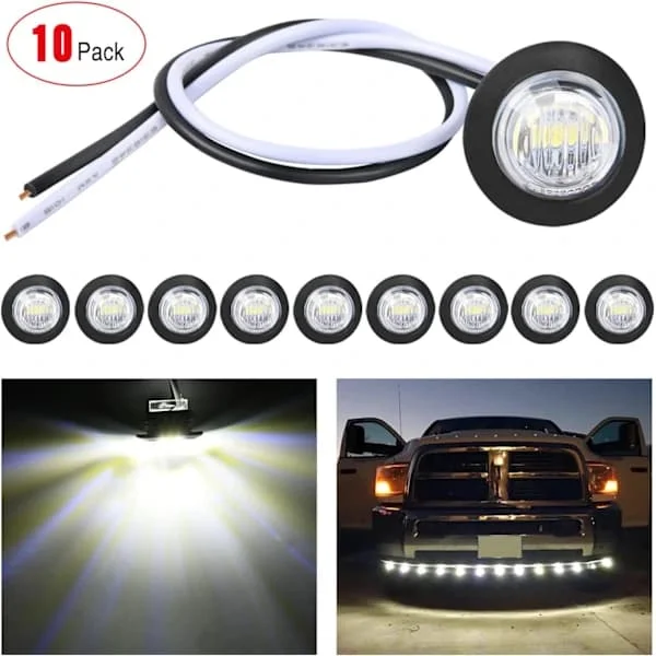 10 stk 3/4 " Runde LED-posisjonslys foran, bak, side, blinklys, markeringslys for lastebil, bobil, bil, buss, tilhenger, campingvogn, båt (12V, hvit)[