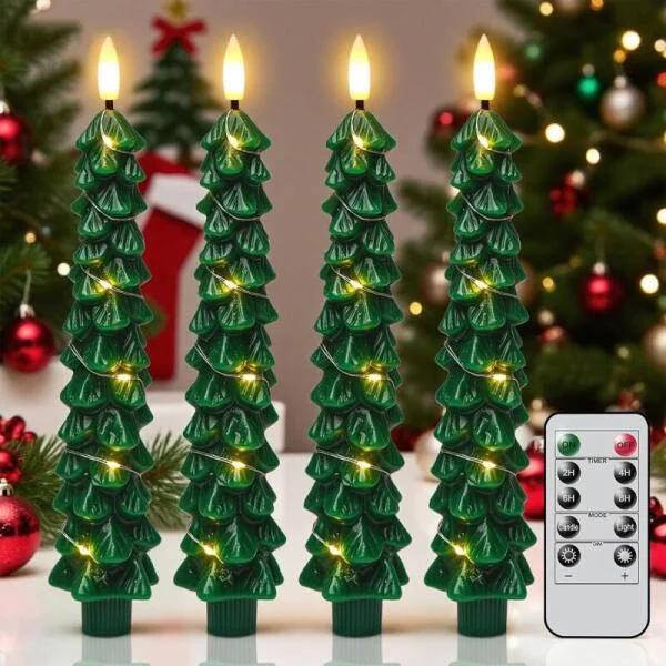 Julgransljus med fjärrkontroll och timer, 4 flamlösa ljus med ljusslinga, LED-ljusstakar, grön juldekoration som gåva