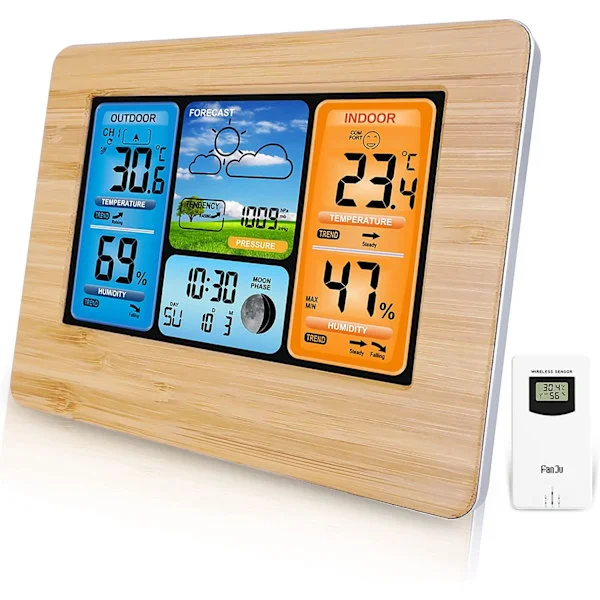 Wireless Digital Weather Station with Outdoor Sensor, Indoor and Outdoor Thermometer with Time, Temperature, Humidity