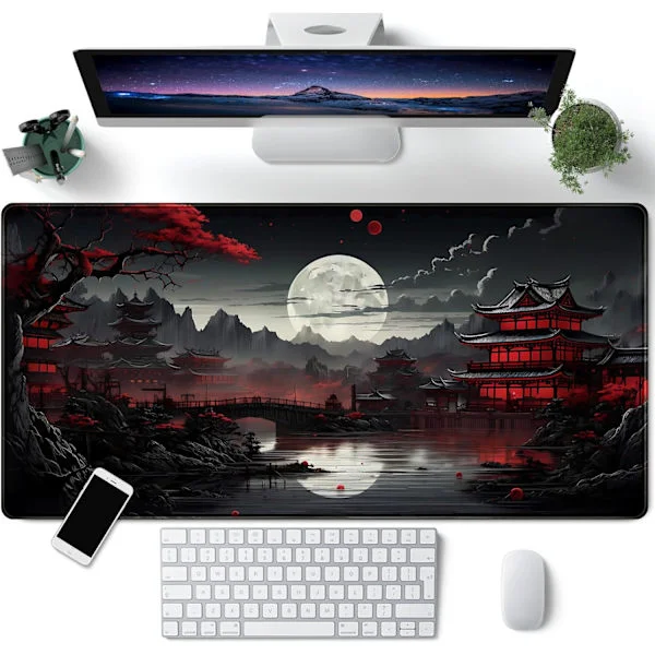 Japanese Desk Mat Full Moon Desk Pad Black Red 80 x 40 cm Mouse Pad Gaming Mouse Pad Extended Keyboard Mat Laptop Com