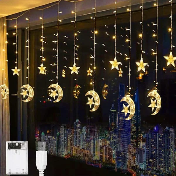 LED Window Curtain String Lights Fairy Lights Moon Star String Lights Battery Powered USB Powered for Indoor Bedroom Outdoor Party 0.7