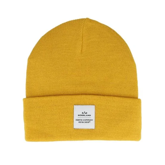 SQRTN Wood Patch Beanie Mustard Cuff Mütze, Senfgelb, One Size, Strick, Bequeme Passform für Damen und Herren