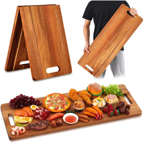Ekstra Stort Akasie Tre Charcuterie Brett med Sammenleggbare Håndtak - 83.8x30.5cm Sammenleggbart Serveringsbrett for Selskap, Ost & Reise