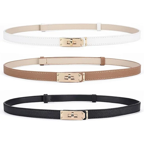 Slim Leather Belt for Women, 3-Piece Ladies Waist Belt Adjustable with Twist Lock, Classic Decorative Slim (Black, White, Brown)