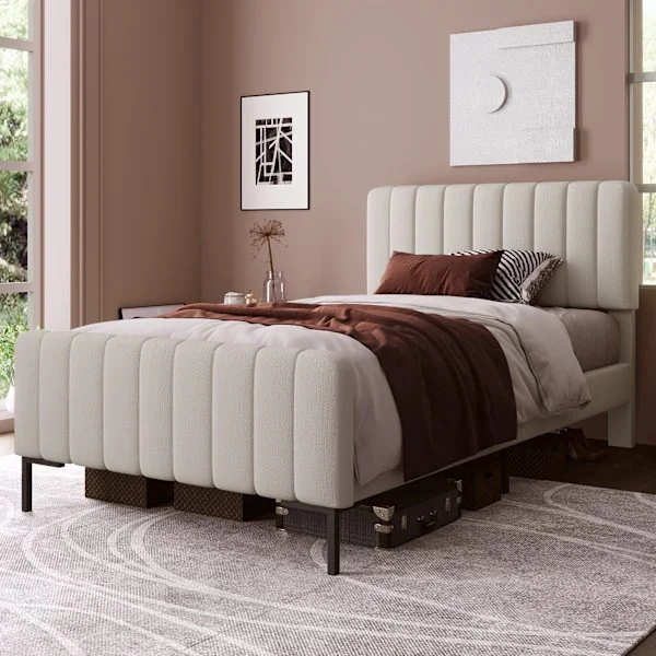 Stoppad enkelsäng 90 x 200 cm, sängram med justerbar huvudgavel, stoppad säng i grå-beige, sängram i linne, ungdomssäng lämplig för sovrum och gästrum