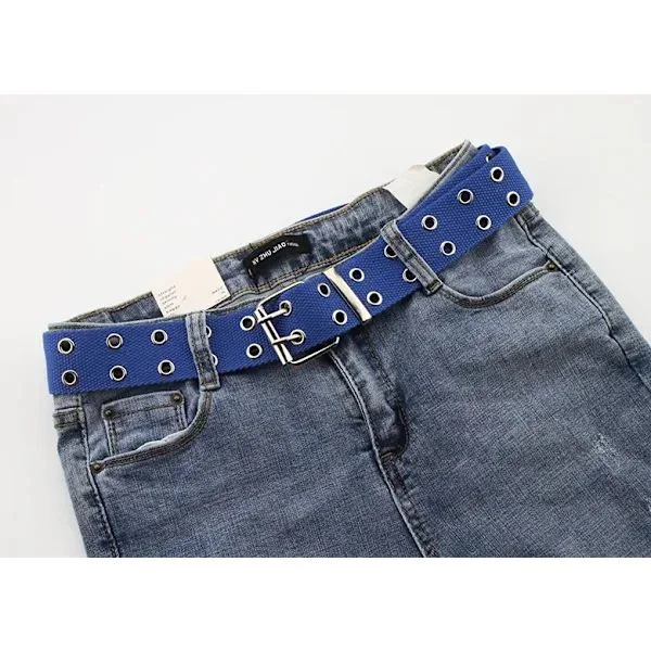 Dobbeltøskenbælte, bredt lærredsbælte, dame herre sort rød hvid taljerem bælter til kvinder mænd jeans blå 105X3.8cm