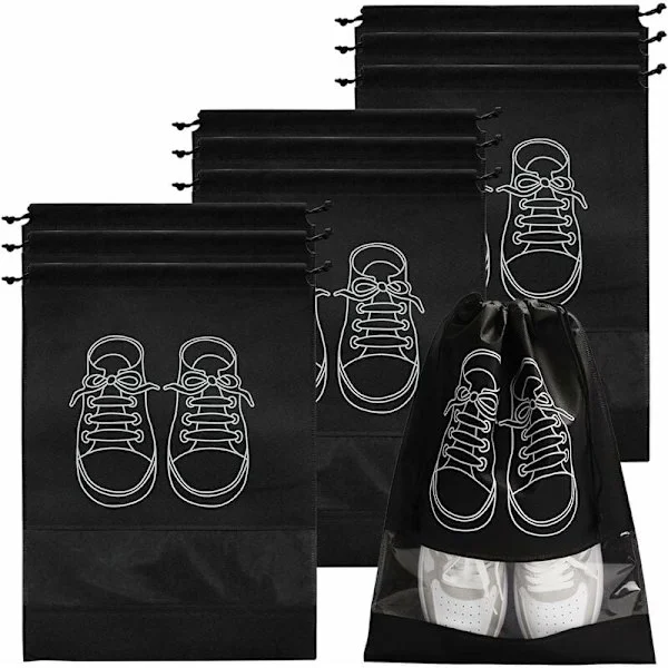 Travel Shoe Bag, Waterproof Dustproof Fleece Shoe Bag Set with Clear Window and Drawstring (32x44cm) -10PCS-Black