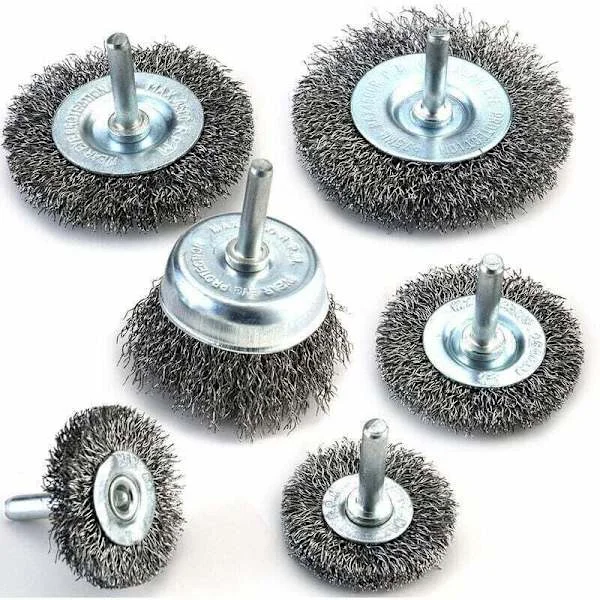 Set med 6 stålborstar för borrmaskiner - 0,012 mm borr - Kolstål - För rengöring av rost, strippning och slipmedel, för borrmaskiner,