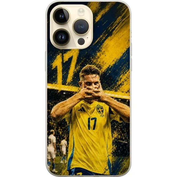 Kompatibelt Mobilskal till Apple iPhone 14 Pro Max Viktor Gyökeres i en dramatisk fotbollsillustration med blågula färger och nummer 17.