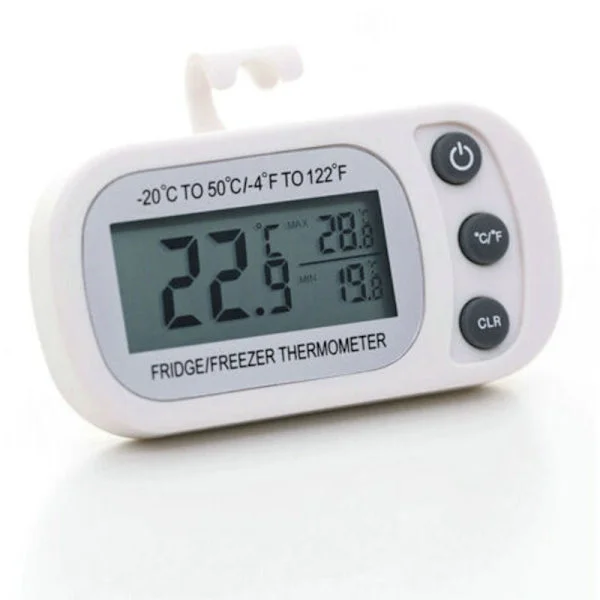 Hvitt kjøleskapstermometer LCD-skjerm Digitalt vanntett frysetermometer med magnetisk krok Kjøleskapstermometer (-20 50 °C)