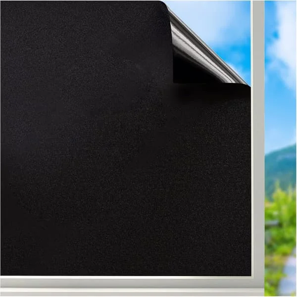 Mörkläggningsfönsterfilm för avskildhet: 96% total mörkläggning självhäftande svart frostad fönsterfilm för glasfönster (svart, 44,5 x 300 cm)