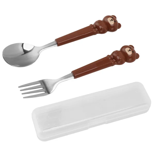 2 st Rostfritt Stål Söt Tecknad Brun Björn Böjd Gaffel Sked Barn Bestick Set
