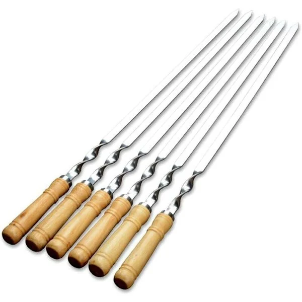 Grillspett, Extra långa 55 cm grillspett i rostfritt stål med massivt trähandtag, set om 6