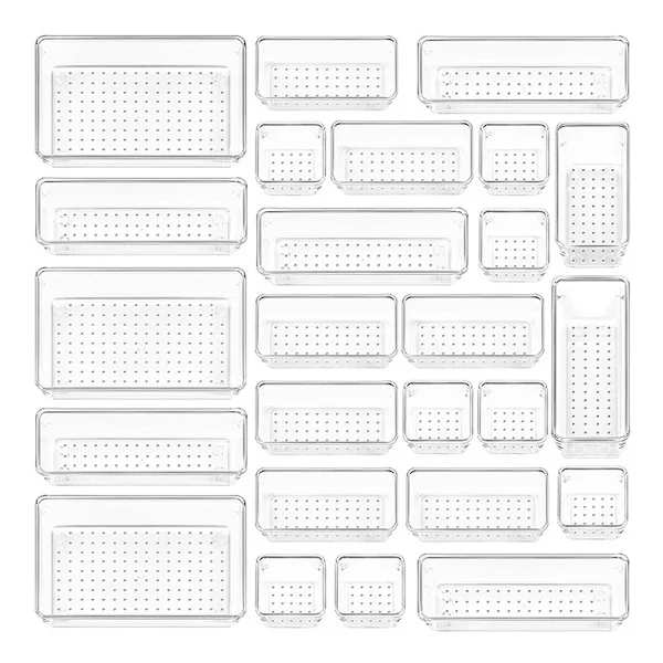 Plastic Drawer Organizers, Non-Slip and Durable, Easy-to-Clean Storage Bins for Bathroom, Kitchen, Office, Vanity, Modular Set in 4 Sizes for